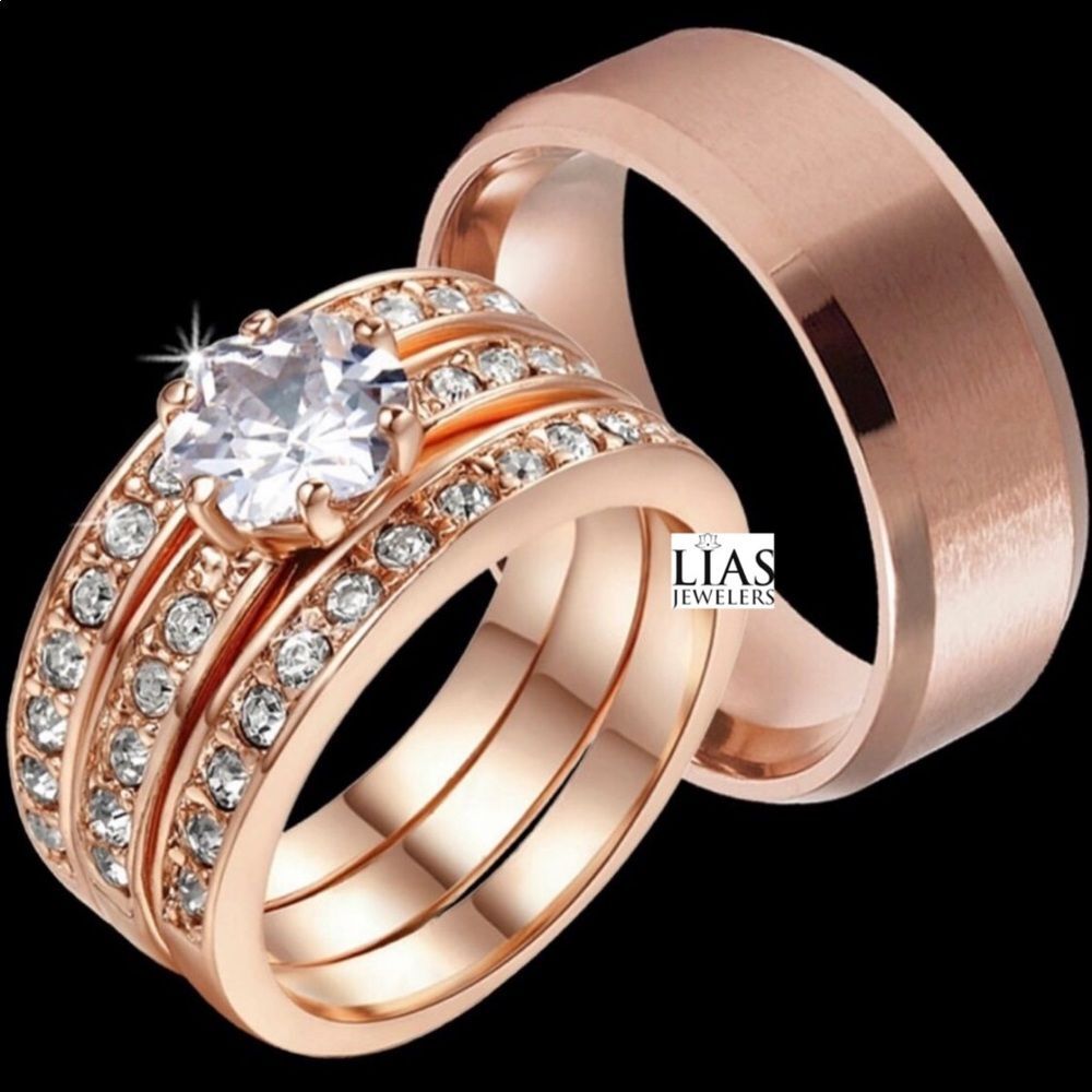 New 18k rose gold men women wedding ring set ( His and Hers Set )